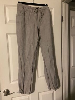 New York & Company Light Gray Linen Straight-Leg Drawstring Pants